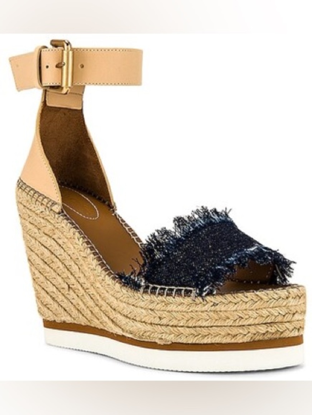 Women’s See By Chloe Wedge Espadrille Sandals with Frayed Denim Strap Size 38